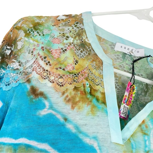 Sandro Tie Dye Shirt Womens Size Small 1 Tee Top Blouse Blue Linen Lace Paris - Picture 6 of 15